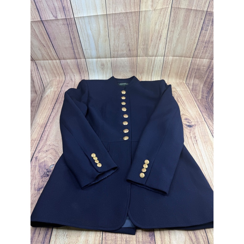 Lauren Ralph Lauren Navy Blue Military Gold Button Stand Collar Blazer Jacket 8